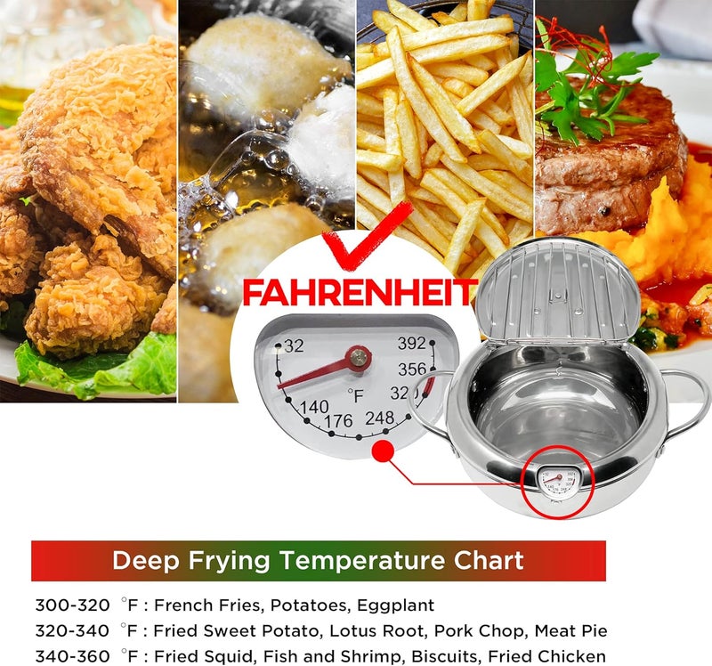Saltlas Deep Fryer Pot (°F), 11"/4.4Qt (4.2 L) Extra Large Tempura Frying Pot with Lid, 304 Stainless Steel Fry Pot with Fahrenheit Thermometer and Oil Drip Drain Rack - Image 2